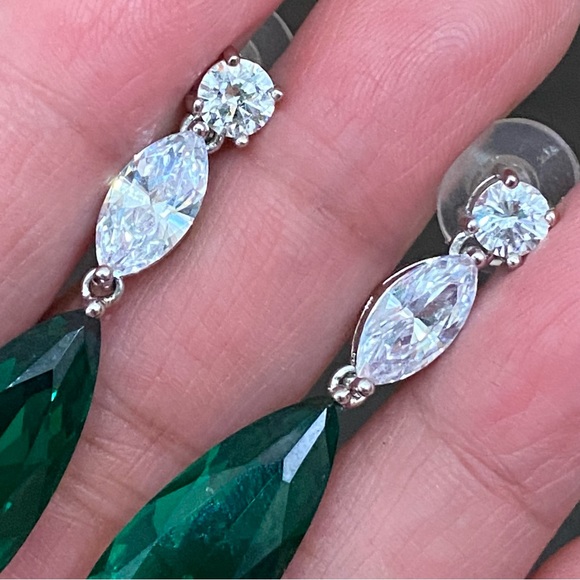 Signed Teardrop Lab Emerald Silvertone Drop Earrings - Picture 9 of 13